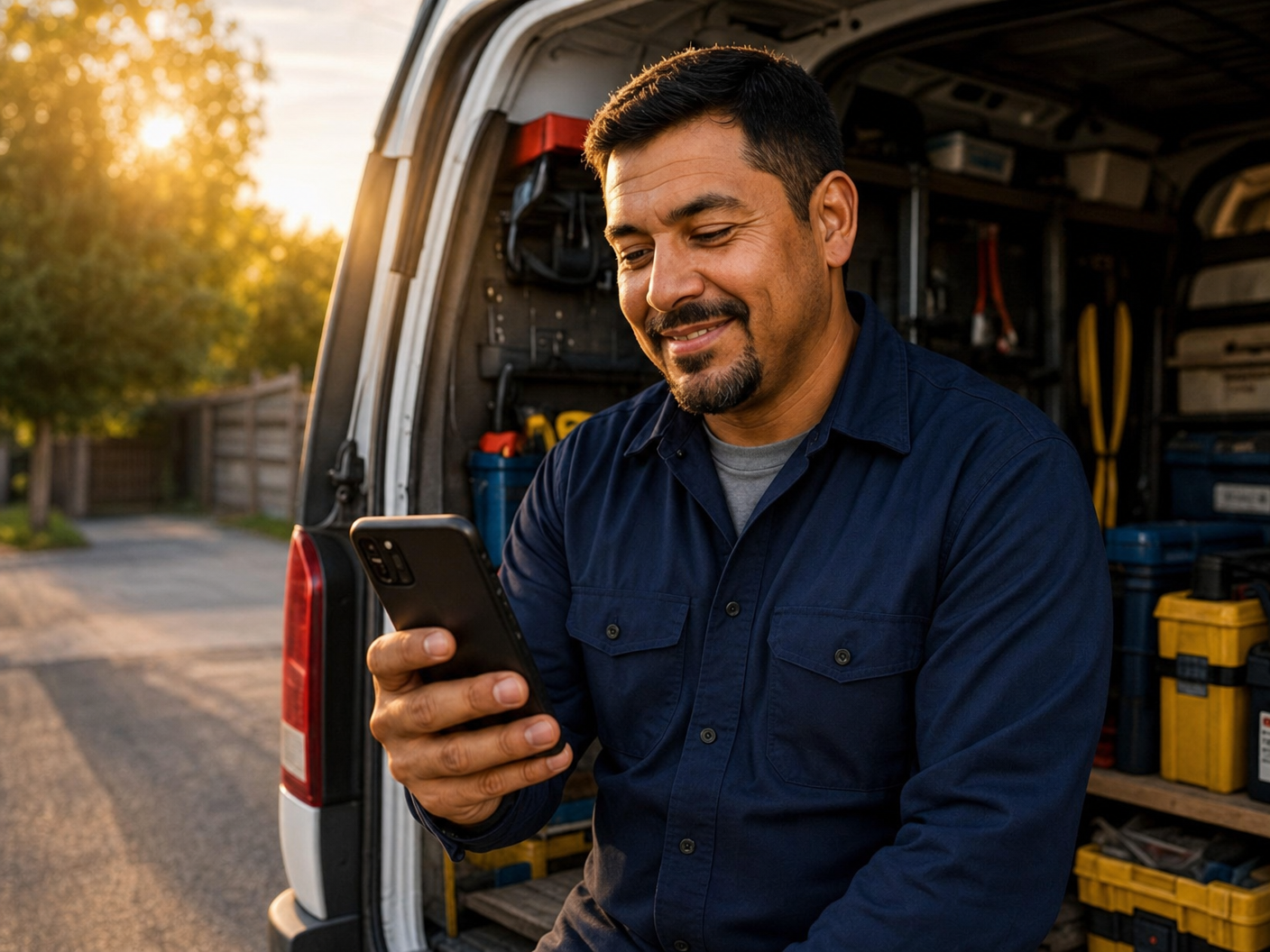 Tradesman checking his phone